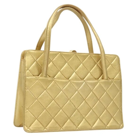 CHANEL Matelasse Hand Bag Lamb Skin Gold Tone CC - Picture 1 of 15